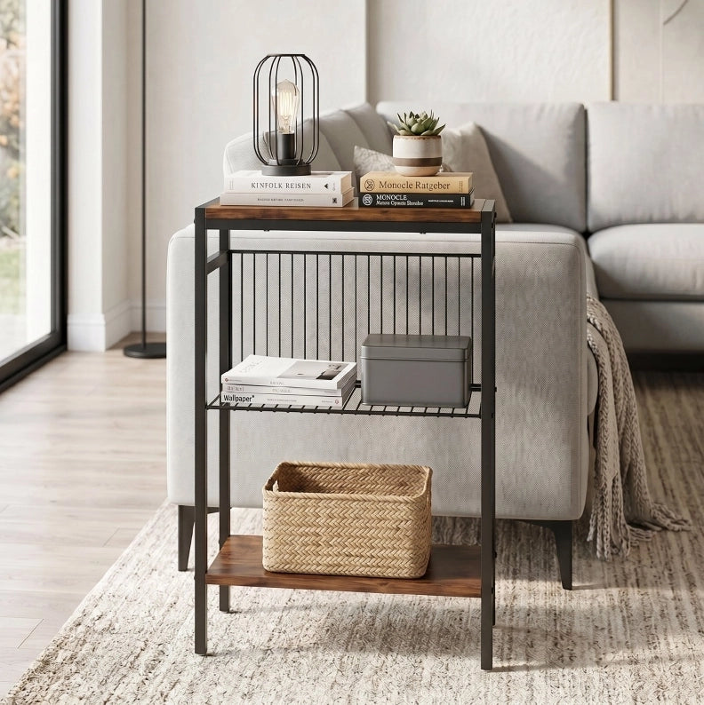Tavolino ULEVR 43x18x62,5 cm con 3 ripiani, struttura in metallo e finitura marrone rustico