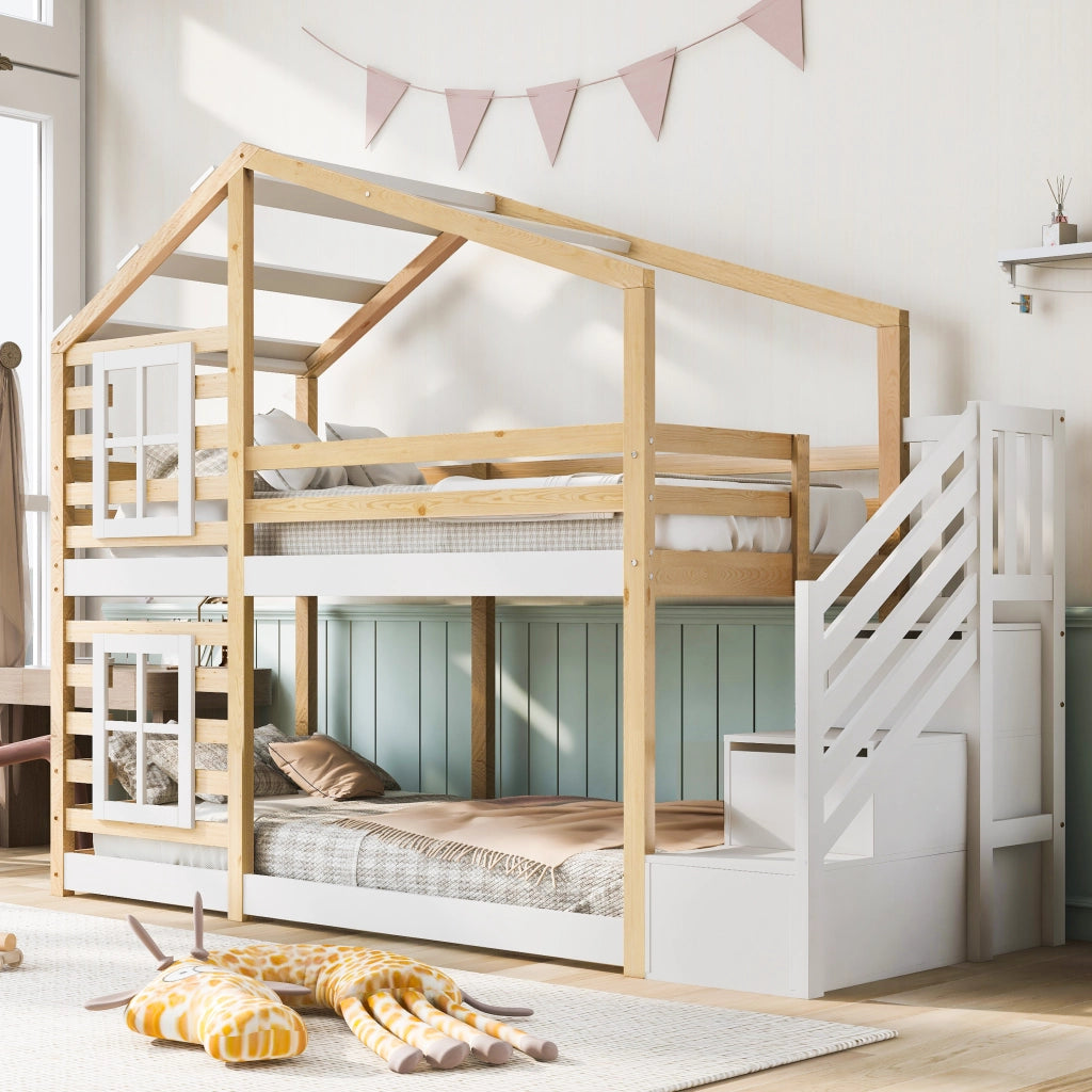 Letto a castello con funzione di contenitore in legno massello e MDF naturale e bianco 90x200 cm