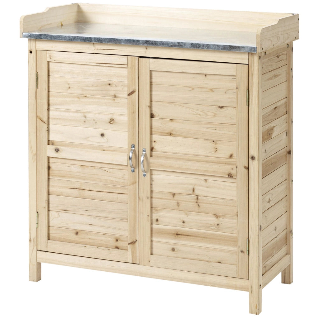 Tavolo da lavoro per giardinaggio con armadietto; 2 ripiani interni e piano zincato 83 × 40 × 92 cm