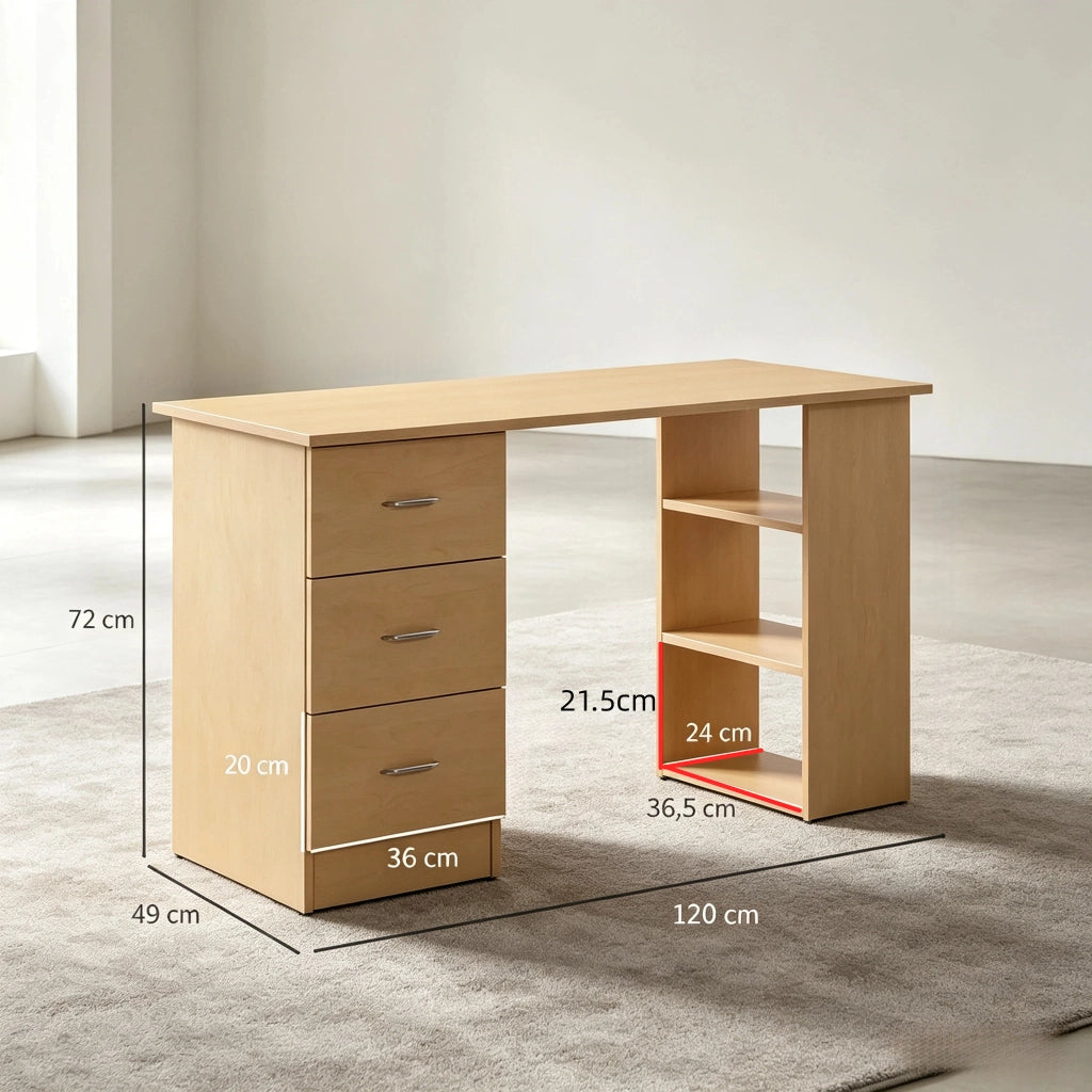 Scrivania con 3 ripiani e 3 cassetti, per studio, in MDF, 120 x 49 x 72 cm, legno