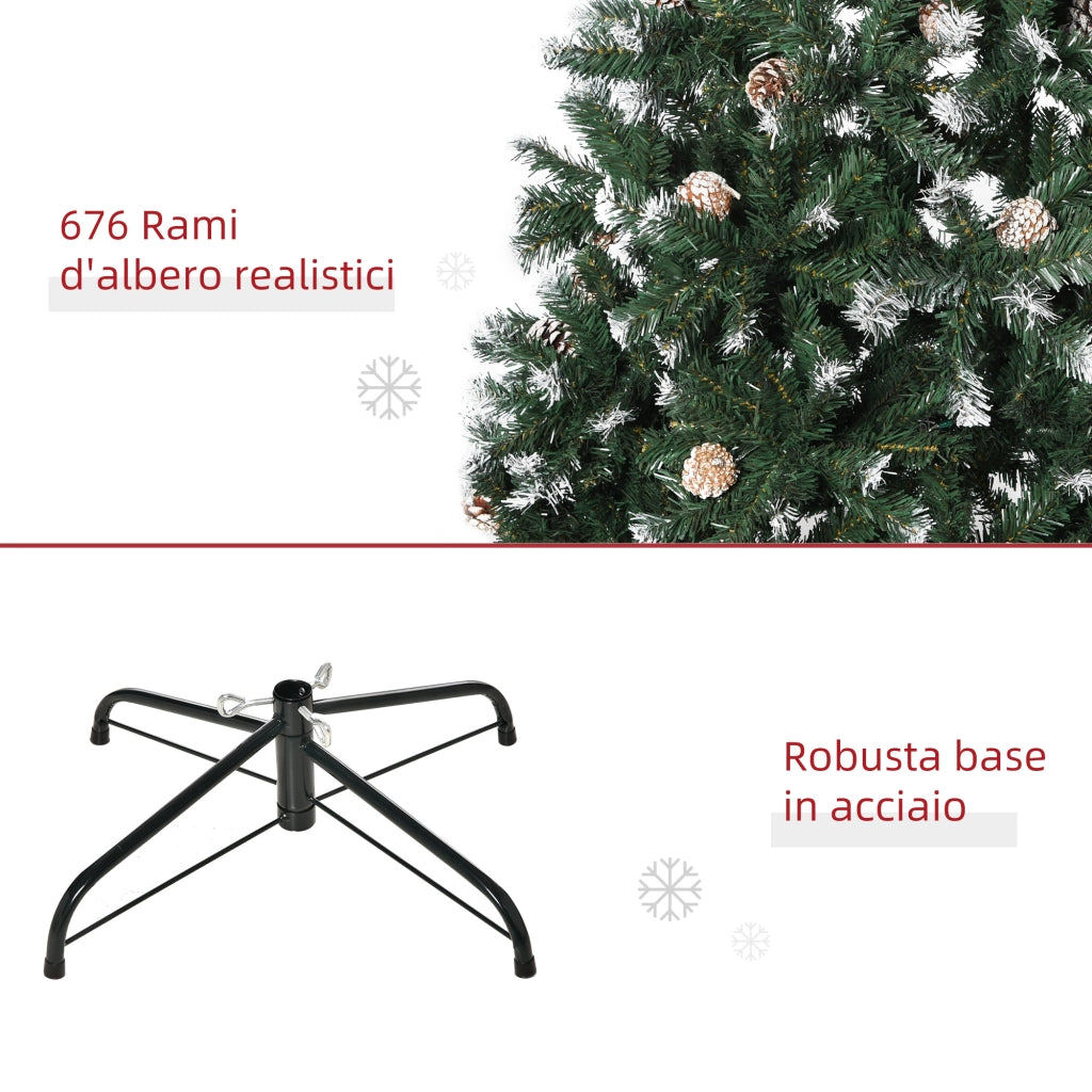 Albero di Natale artificiale innevato 150cm con 676 rami e pigne, base pieghevole, apertura automatica, verde per decorazioni casa