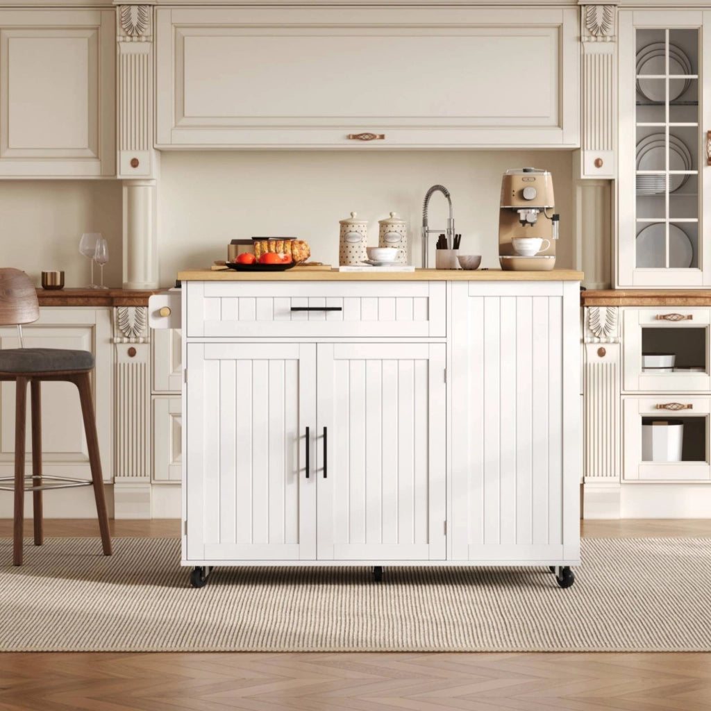 Isola cucina mobile in MDF bianco con piano ribaltabile; cassetto e vano porta rifiuti