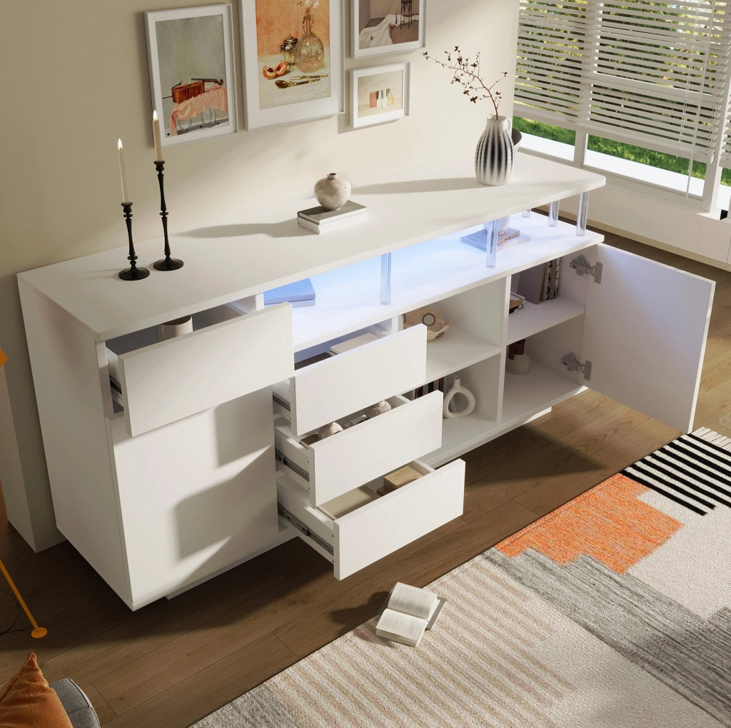 Credenza 160x40x75 cm bianca in MDF con LED, 4 cassetti e 2 ante HAVRYA