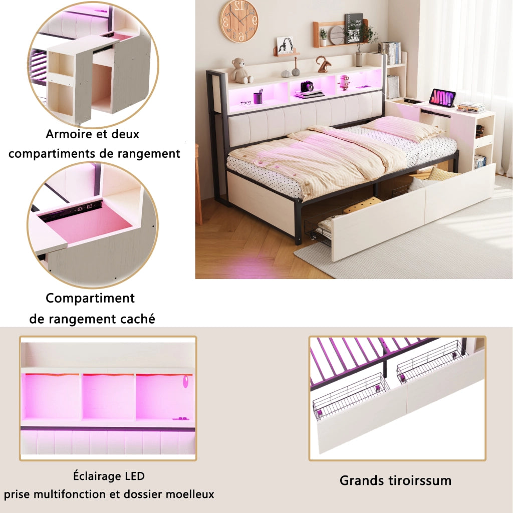 Letto divano singolo 90×200 cm con 2 cassetti; scrivania estraibile e prese integrate; senza materasso; bianco