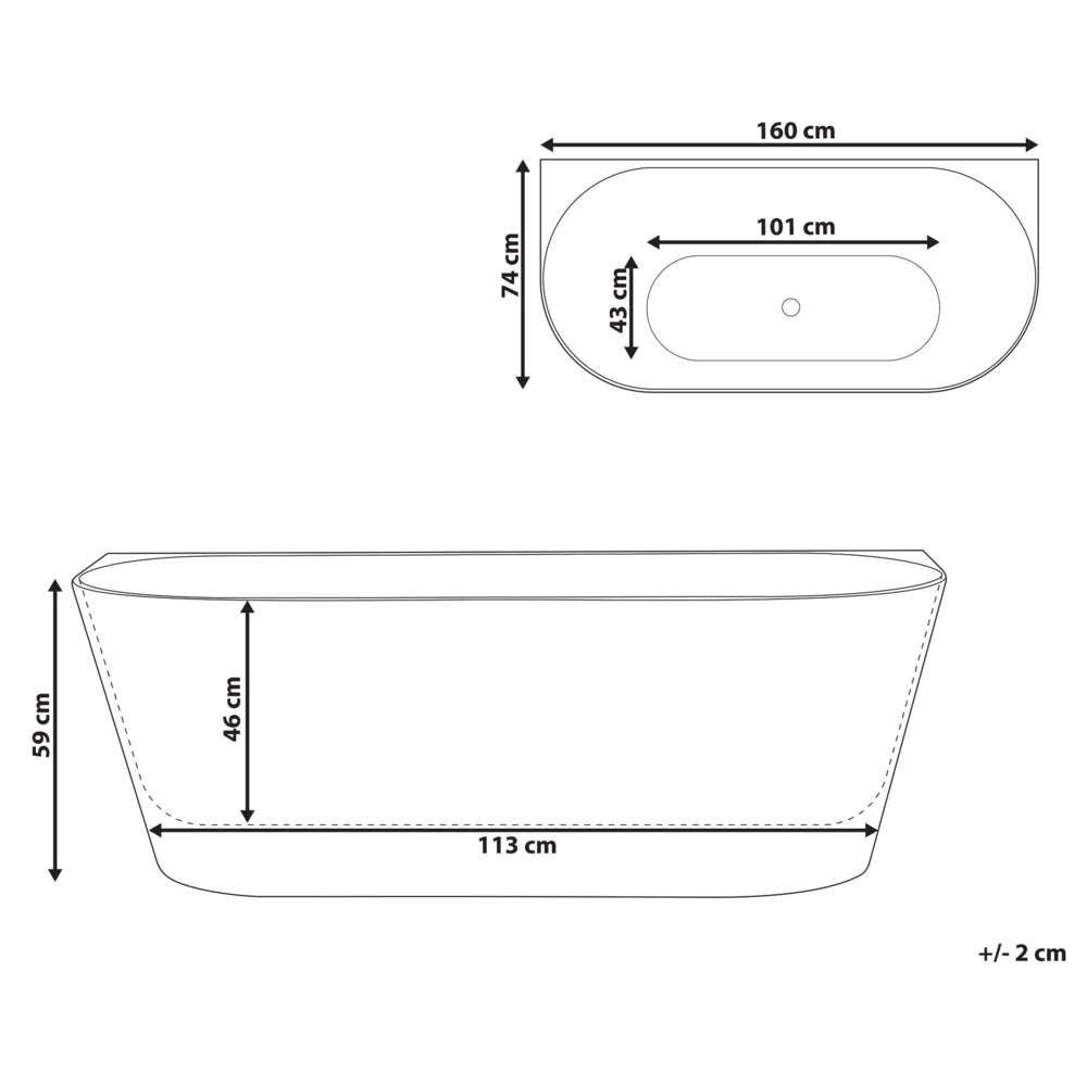 Vasca da bagno freestanding in acrilico bianco 160 cm design moderno forma ovale