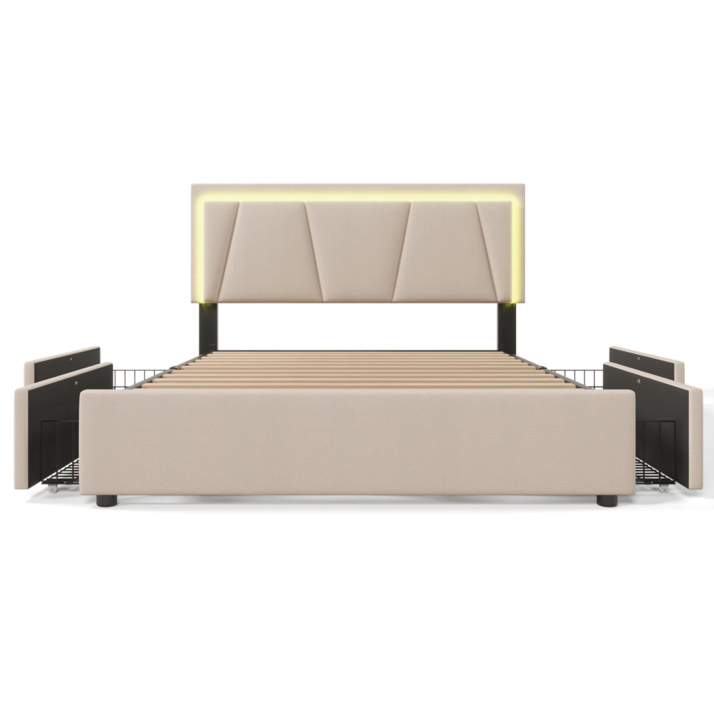 Letto 160x200 cm con LED, 4 cassetti e testiera regolabile in lino beige