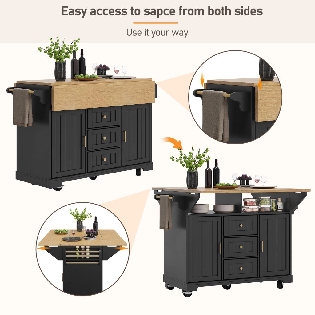 Mobile base da cucina con piano pieghevole su due lati; 3 cassetti; 2 ante; ruote e ripiani regolabili