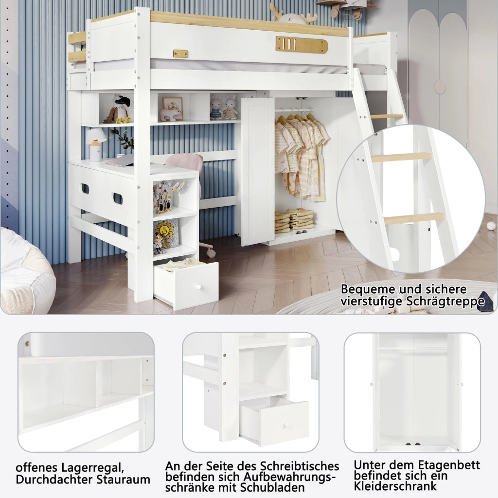 Letto a soppalco con scrivania e armadio in pino; MDF e compensato; 90x200 cm; bianco e naturale per cameretta