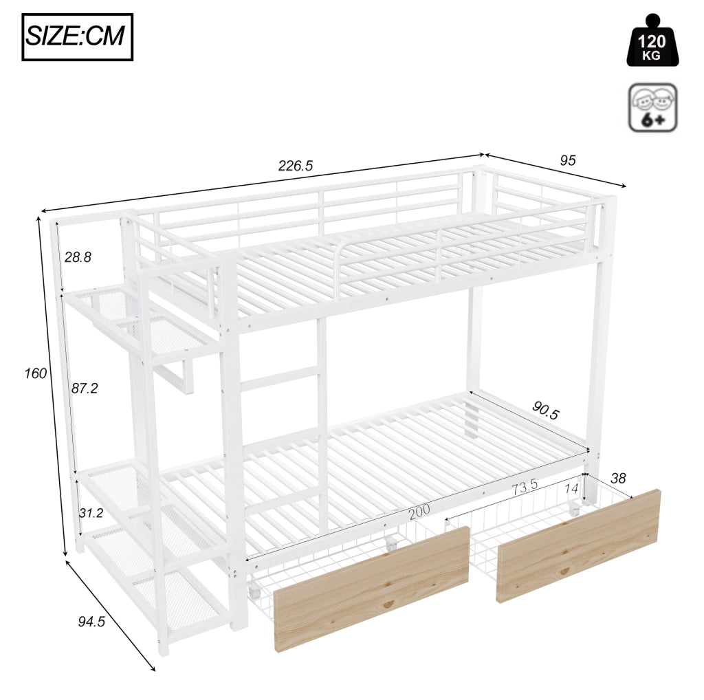 Letto a castello in ferro 90x200 cm con 2 cassetti, ripiani, luci LED e appendiabiti, bianco