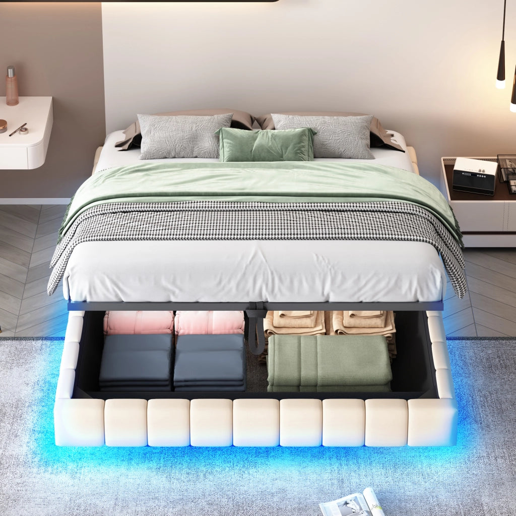 Letto imbottito sospeso 160x200 cm con contenitore, LED e struttura in metallo, Beige