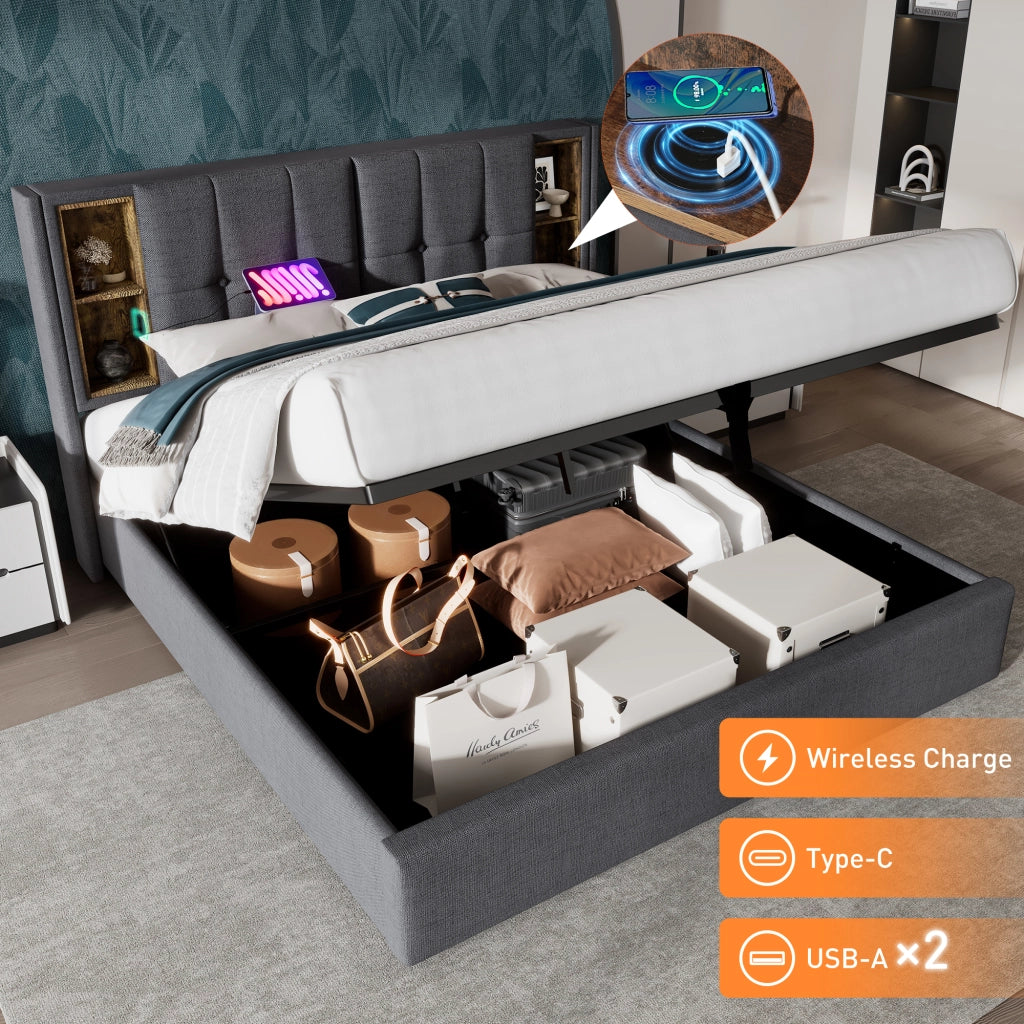 Letto Contenitore 140x200 cm; USB; Type-C e Ricarica Wireless; Cotone Grigio
