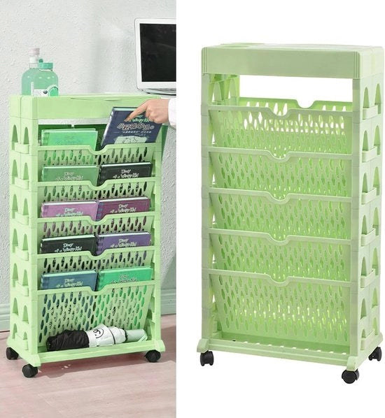 Mobile libreria con ruote in plastica, libreria mobile a 5 livelli, libreria con ruote e cassetto estendibile per camera da letto, colore verde