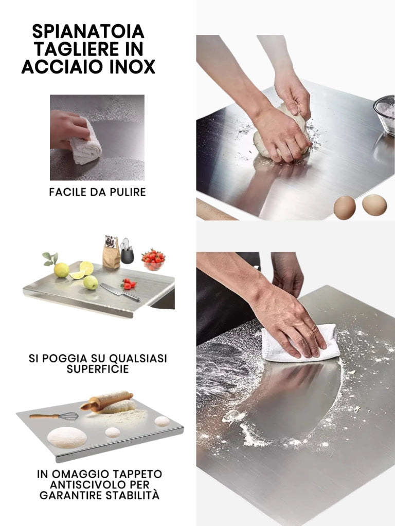 Spianatoia Tagliere in Acciaio Inox 304 per Impastare, con Tappeto Antiscivolo Omaggio 40x48 cm