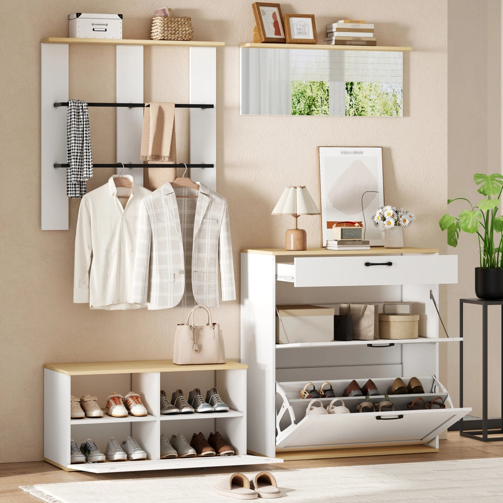 Set guardaroba modulare con specchio e panca porta scarpe bianco e legno 156x36x176 cm