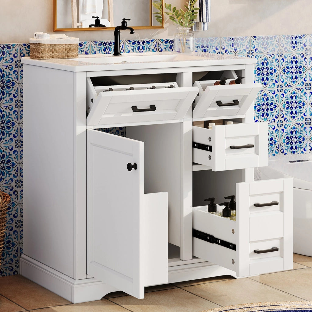 Mobiletto con lavabo integrato a terra con 4 cassetti e anta soft-close in ceramica e MDF bianco 76 × 47 × 82 cm
