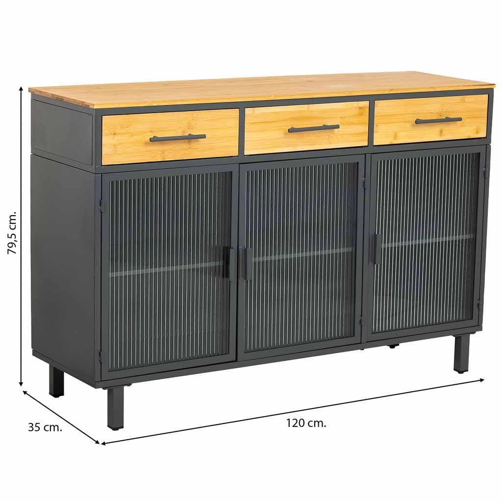 Credenza in vetro, metallo e legno 3 cassetti nero 120x35x79,5h cm