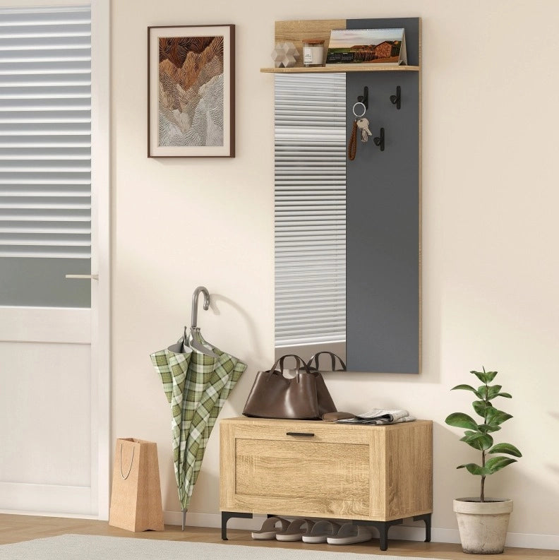 Set Appendiabiti con Specchio, Panca Porta Scarpe e Ripiano Aperto in MDF Naturale e Grigio per Ingresso