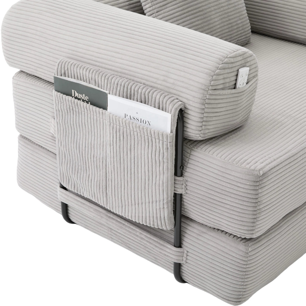 Set divano modulare 3 posti con poltrona e pouf in velluto a coste grigio chiaro