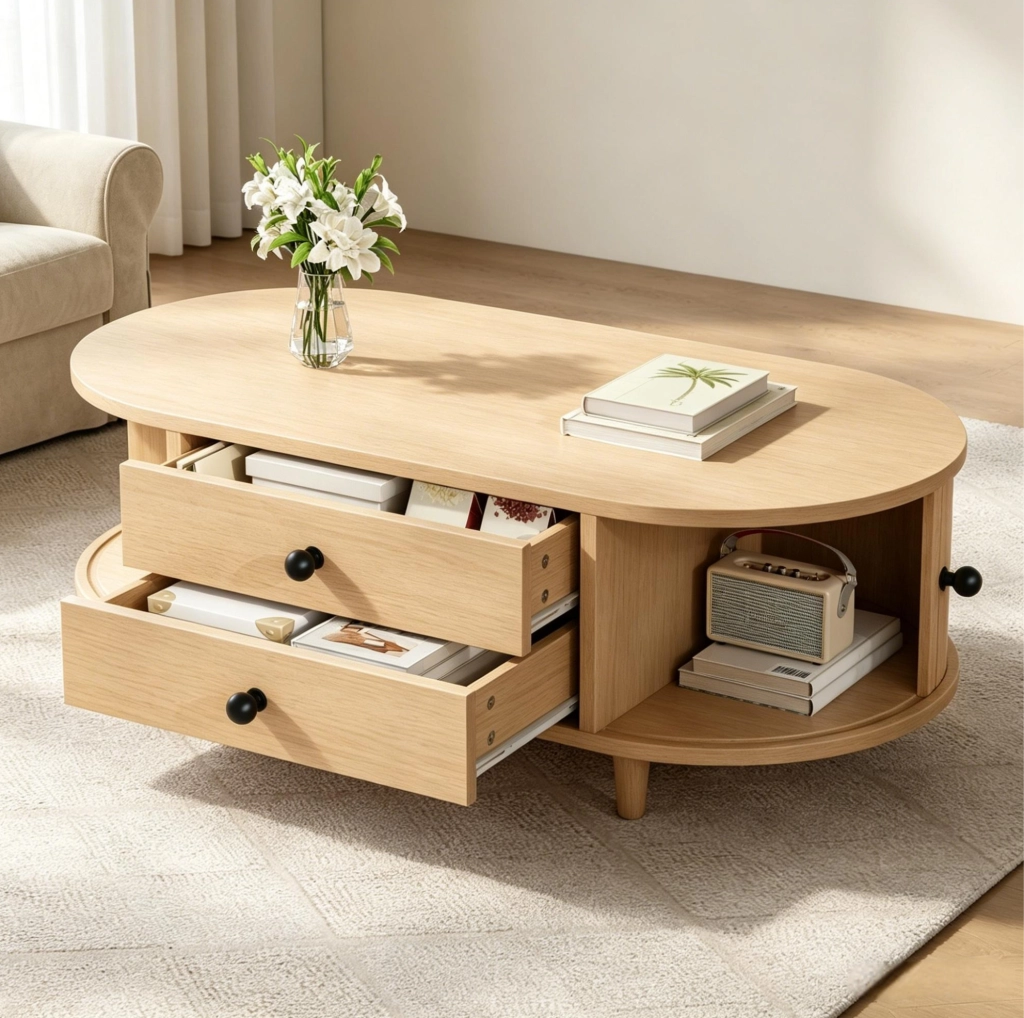 Tavolino da salotto 100x50 cm con 2 cassetti e ante avvolgibili; MDF effetto legno naturale HOMVRA