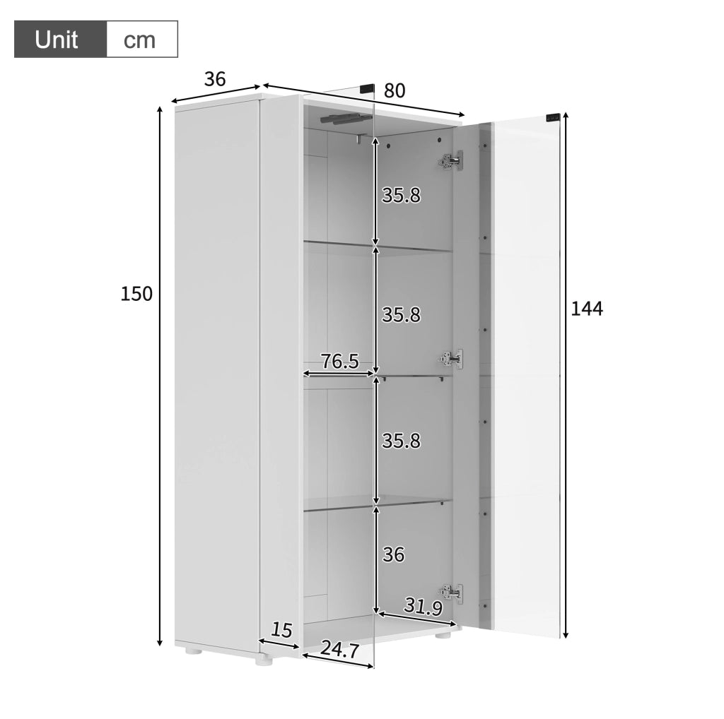 VETRINA 2 Ante in Vetro, 4 Ripiani e LED 80x36x150 cm Bianca