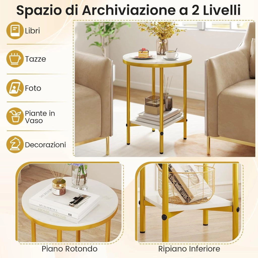 Tavolino da Salotto a 2 Livelli, Tavolino Laterale Effetto Marmo con Ripiano e Struttura in Metallo Dorato, Tavolo Rotondo per Soggiorno, Camera da Letto e Spazi Piccoli