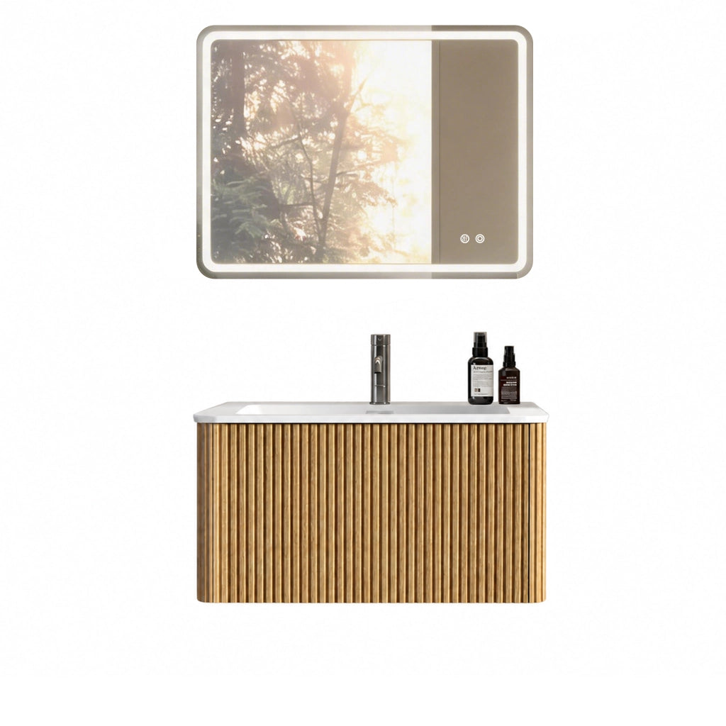 Mobile da bagno sospeso con lavabo integrato e specchio LED - per bagno - rovere