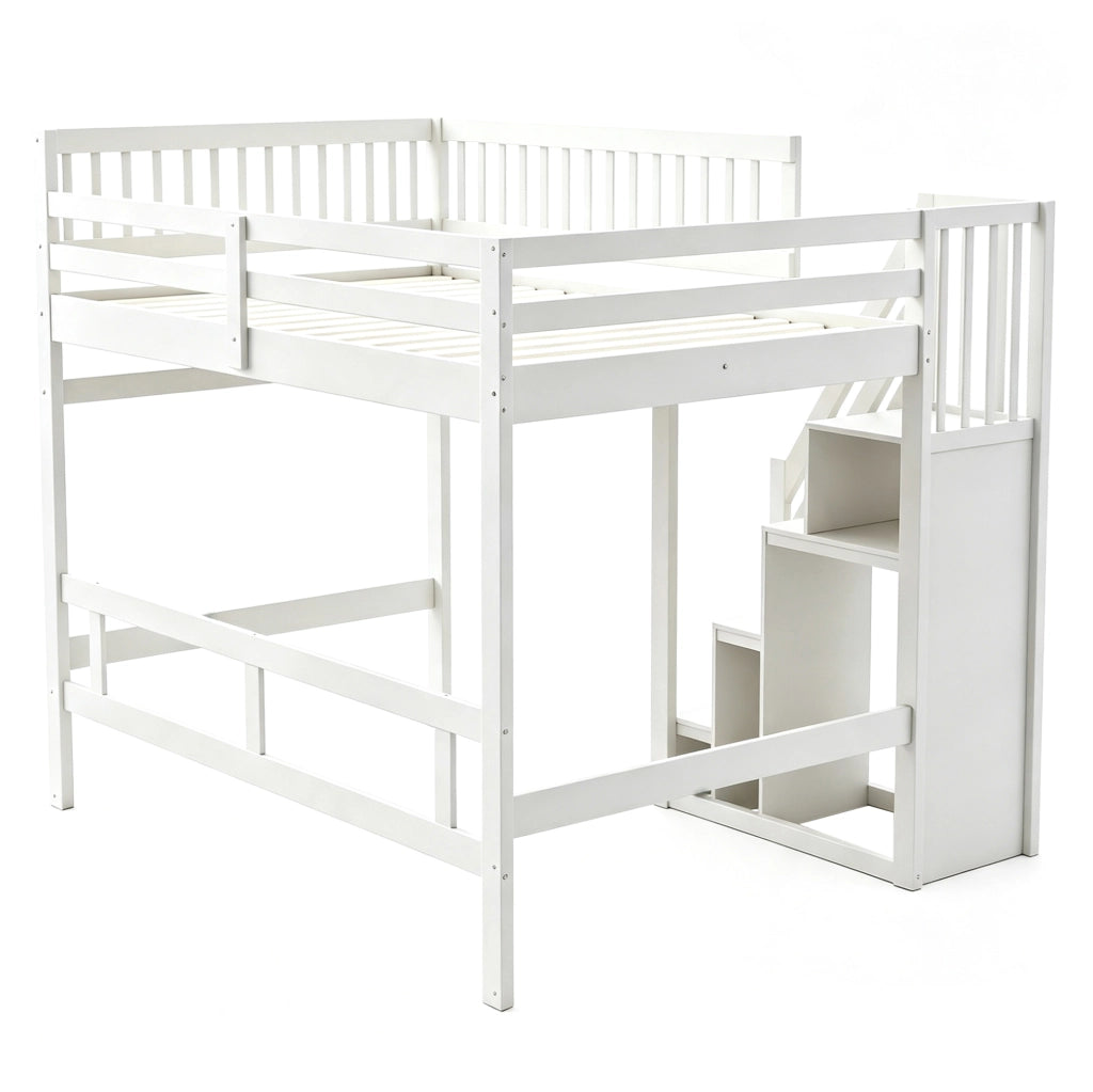 Letto a soppalco ULEVR 140x200 cm con scala contenitore e sponde alte, bianco, legno di pino