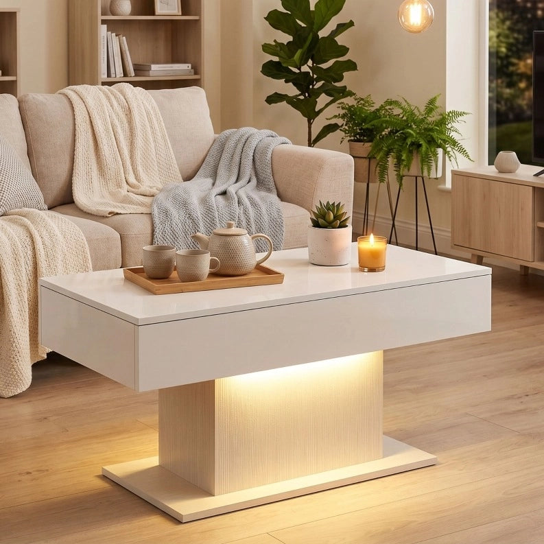 Tavolino da salotto bianco lucido con LED RGB, 2 cassetti nascosti e telecomando