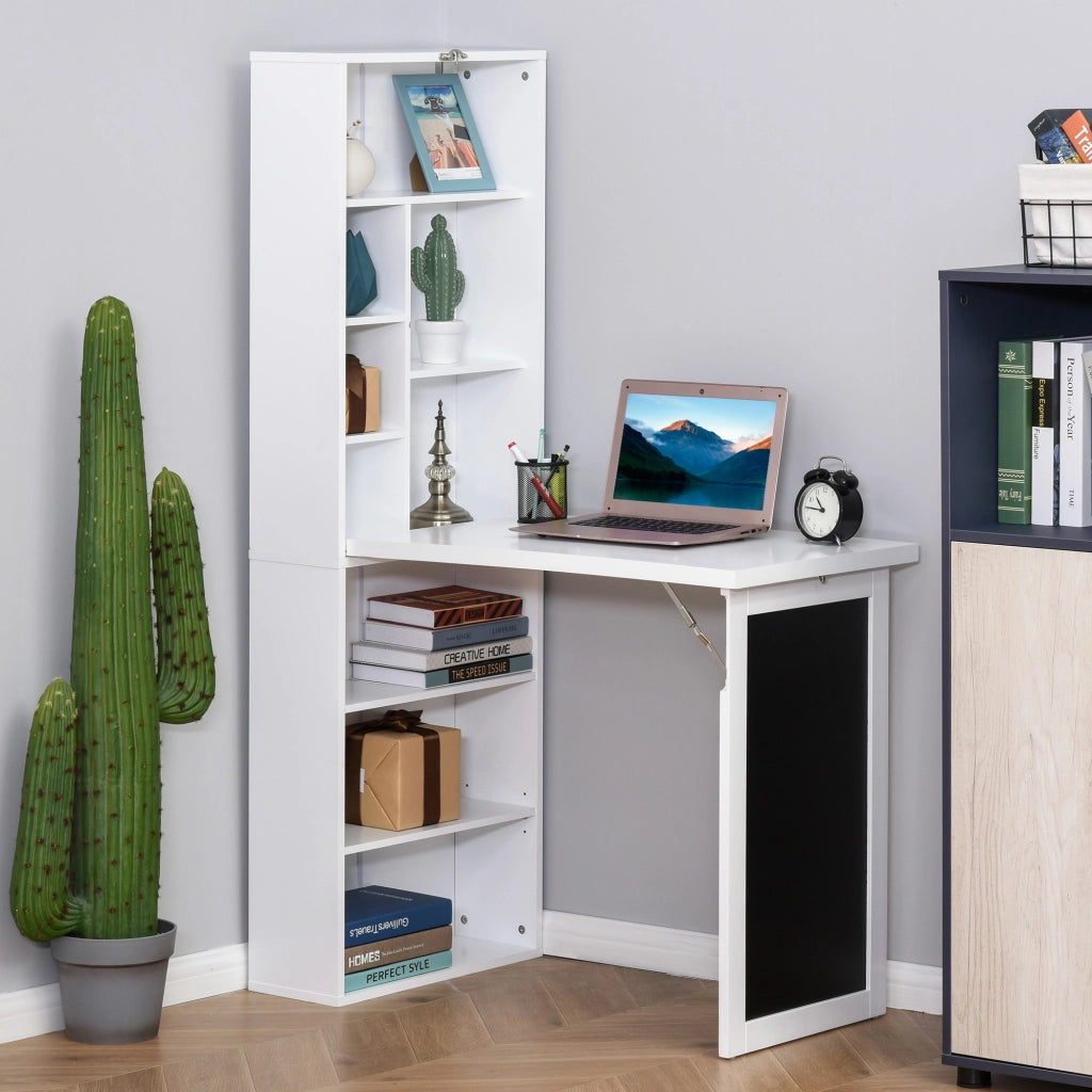 Easycomfort Scrivania PC Pieghevole con Libreria a 9 Ripiani in Legno e Metallo, 98x51x153 cm, Bianco