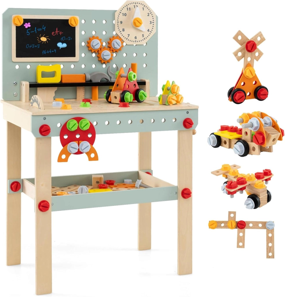 Set di Attrezzi per Bambini, Banco da Lavoro in Legno con Set di Attrezzi e Orologio Incantevole, Tavolo Realistico per Bambini e Bambine dai 3 Anni in Su