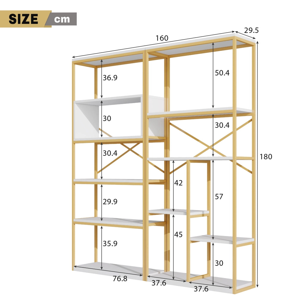 LIBRERIA Multilivello 160x29,5x180 cm MDF e Metallo Bianco e Oro