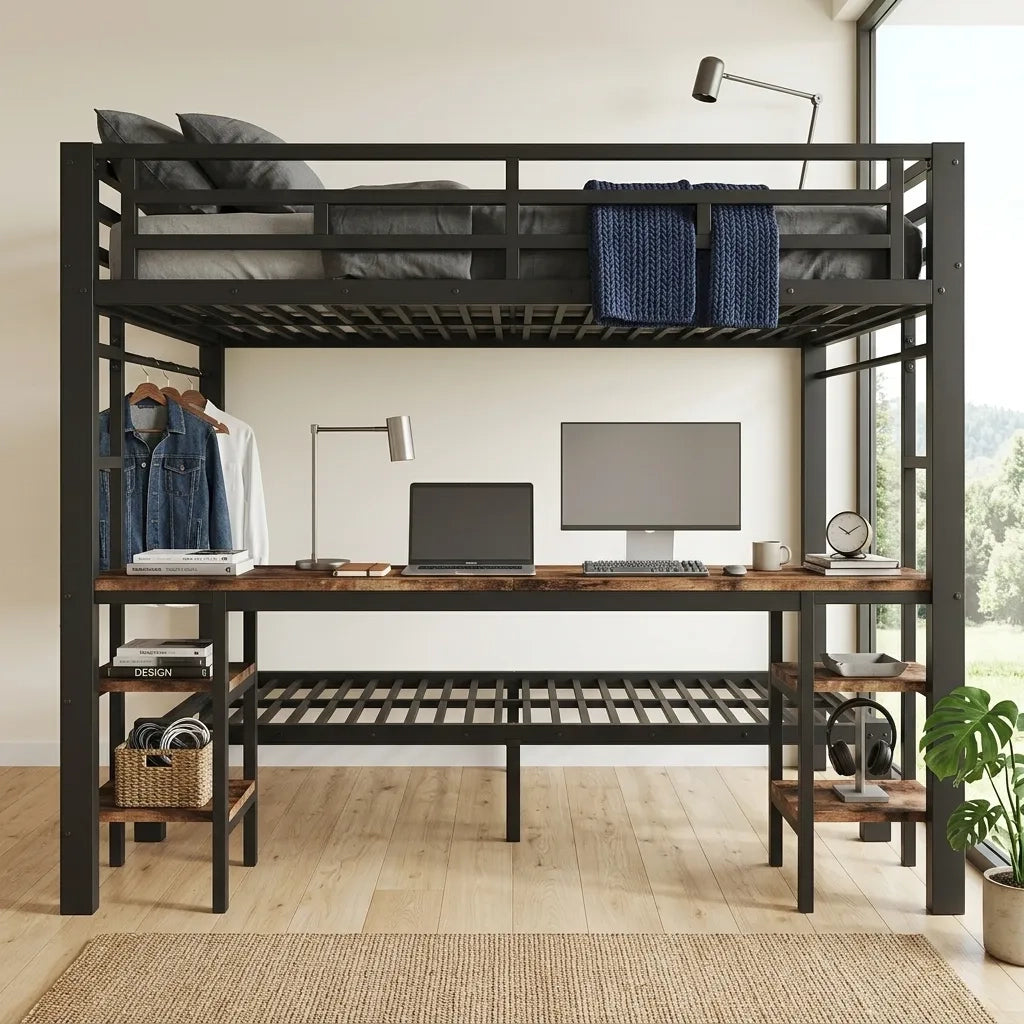 Letto a castello in metallo nero 140x200/90x200 cm con scrivania, appendiabiti, scala bilaterale e stazione di ricarica integrata