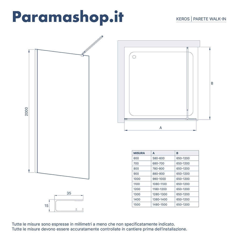 Doccia walk-in 120 cm vetro 8mm anticalcare trasparente h200 profili cromo | Keros