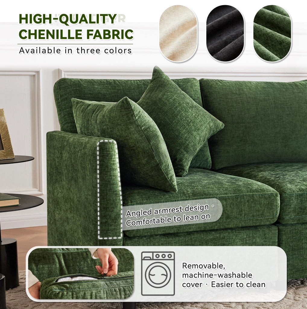 Divano modulare configurabile a L con pouf mobile; 3-4 posti; chenille verde; 216 x 161 x 81 cm