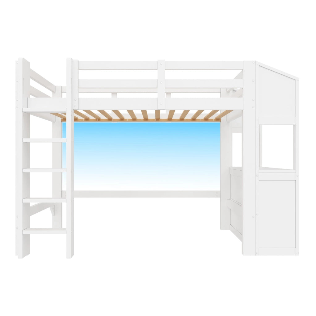 Letto a soppalco 90x200 cm con 6 cassetti e scaffali, illuminazione LED, bianco