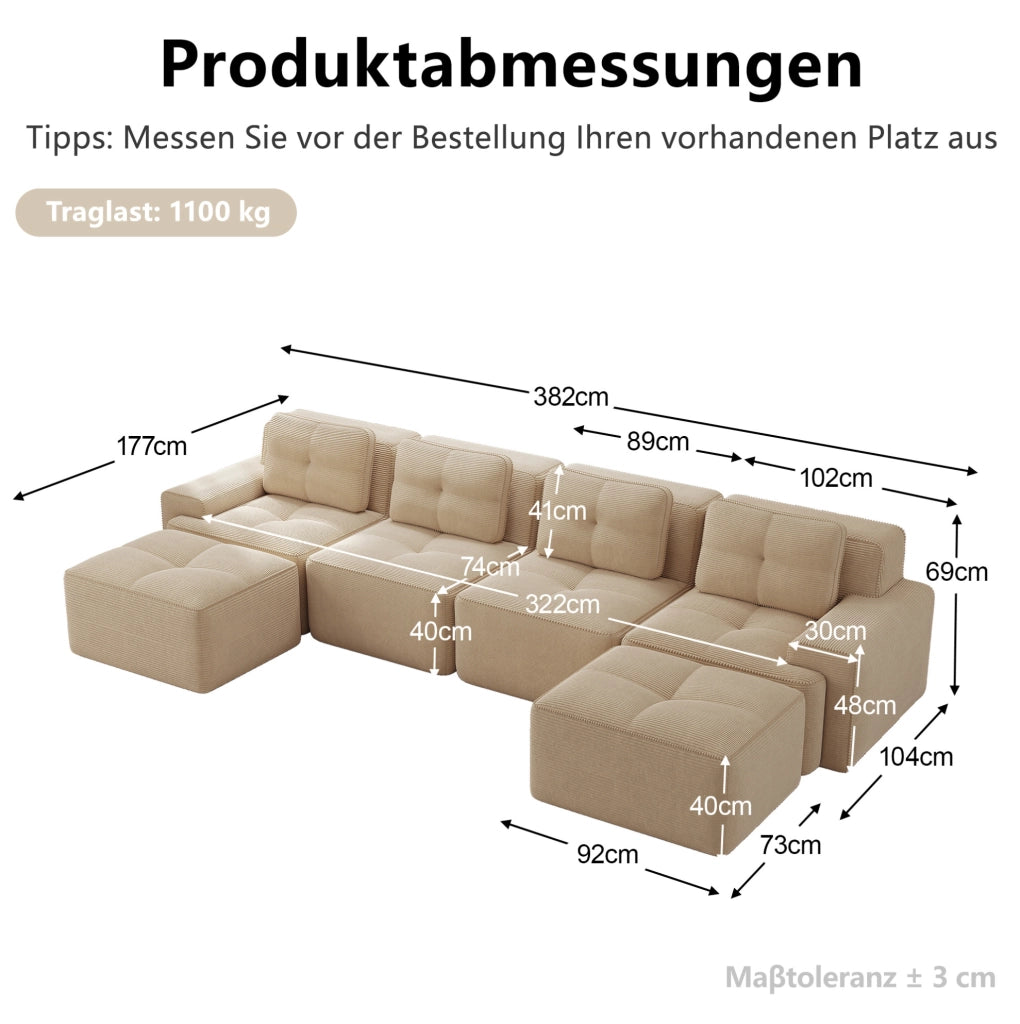 Divano modulare 4 posti con chaise longue a U 382x177x69 cm in corduroy beige