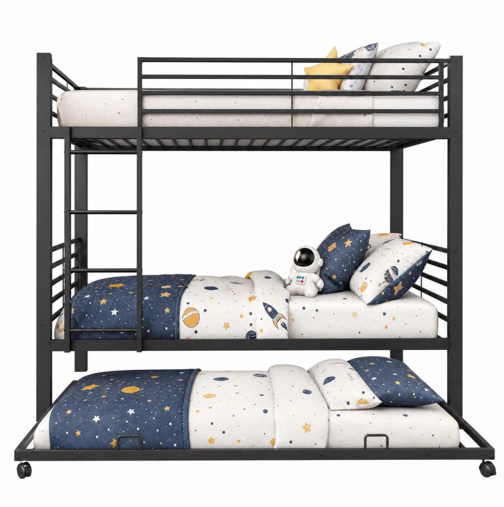 Letto a castello 3 posti 90x200 cm in metallo con letto estraibile 90x190 cm nero HOMVRA