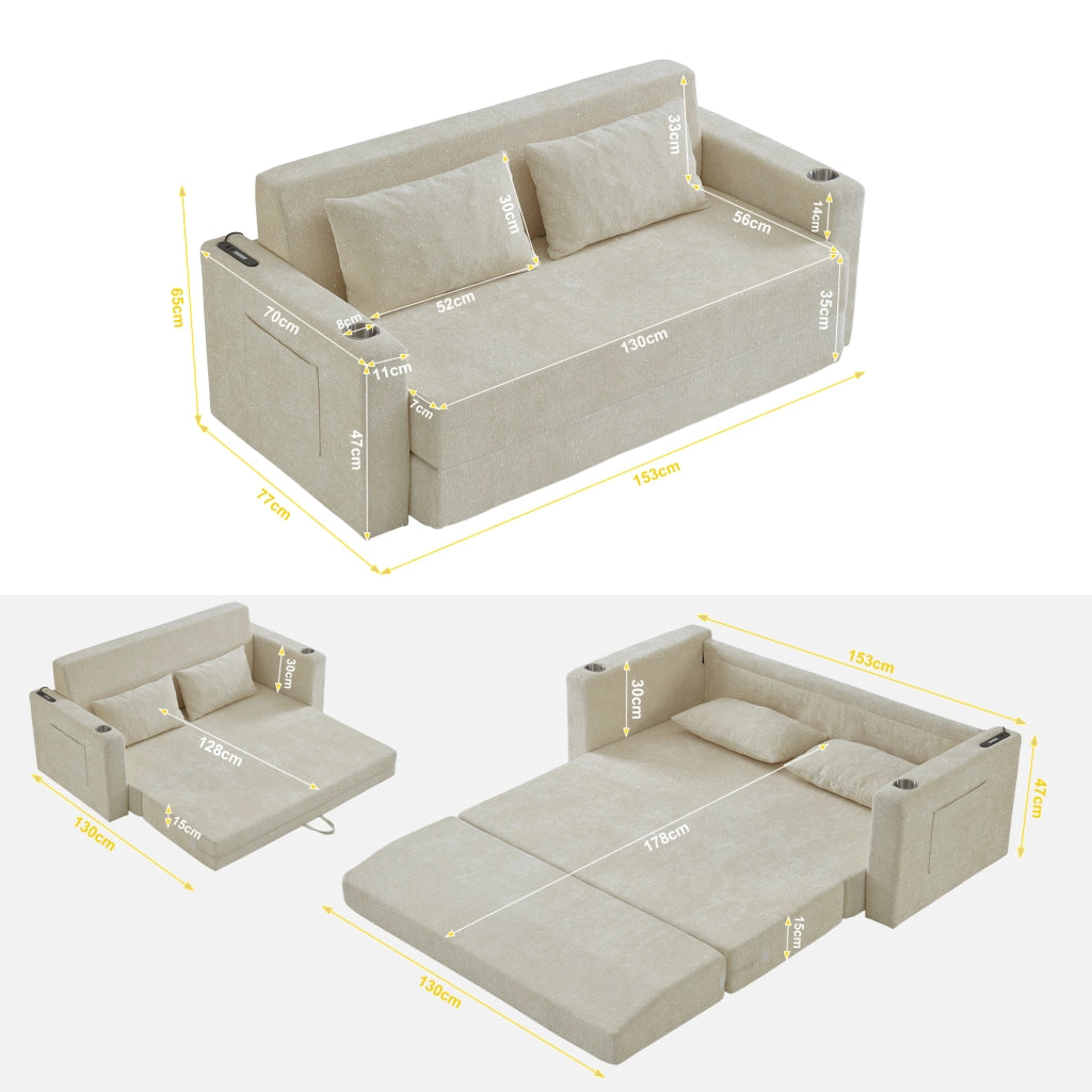 Divano letto 2 posti con funzione letto; USB; portabicchieri e tasche laterali in ciniglia beige