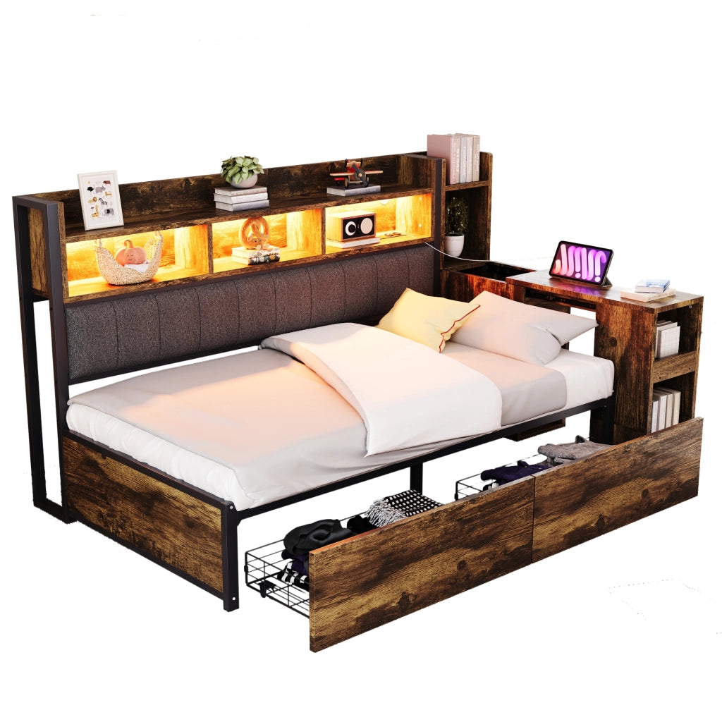 OKWISH Letto a Divano 90×200 cm, Letto Singolo con 2 Cassetti, Prese e LED, Scrivania Estraibile, senza Materasso, Legno Naturale