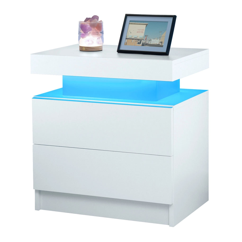 Comodino LED bianco con 2 cassetti e vano a giorno