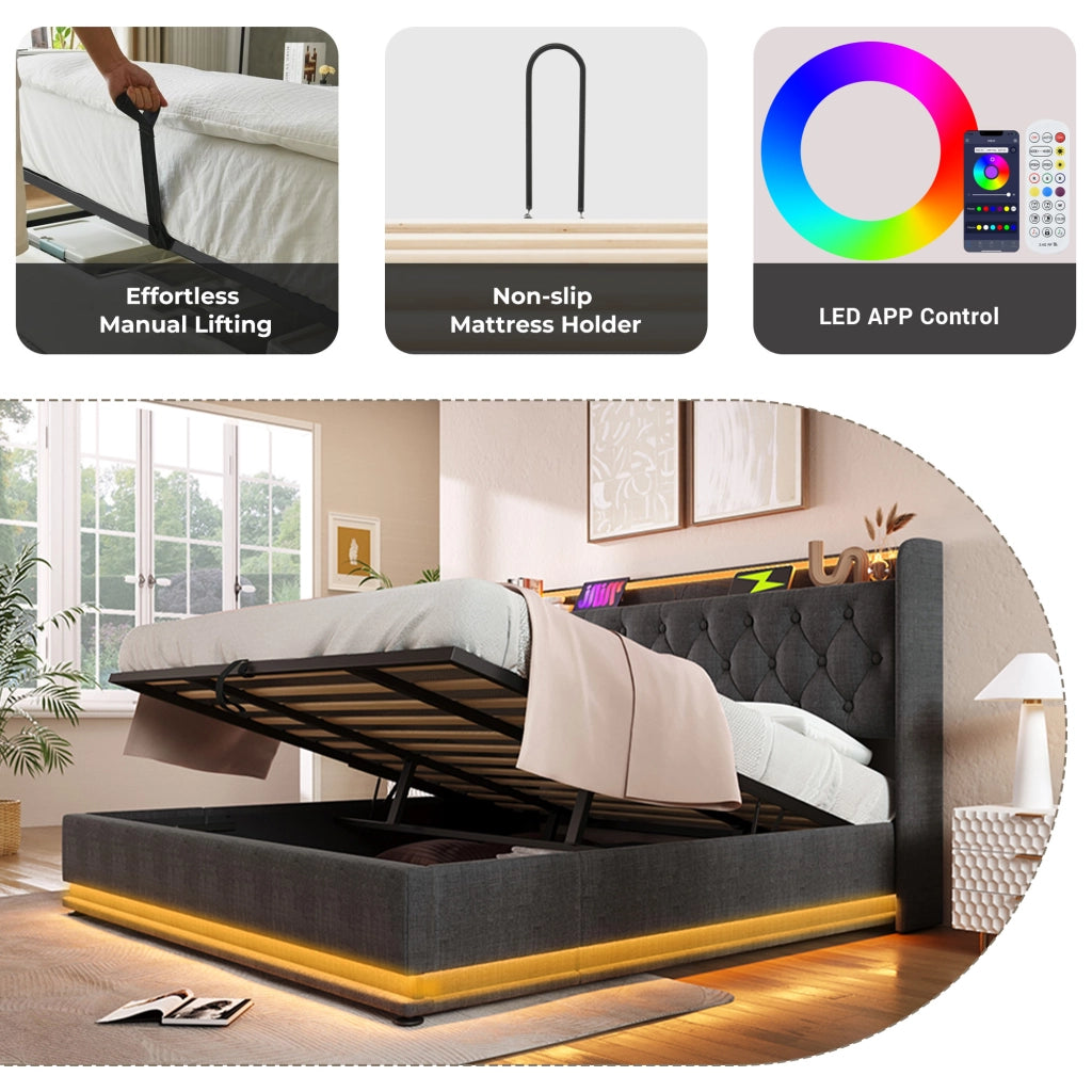 Letto matrimoniale contenitore 140 × 200 cm in lino grigio con LED 360 gradi e testiera USB Type-C