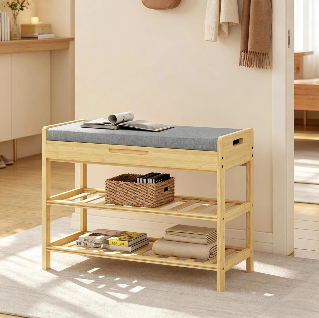 Panca Porta Scarpe Angolare in Bambù con Seduta Morbida e Vano Nascosto, 68x50x30 cm, Capacità 150 kg