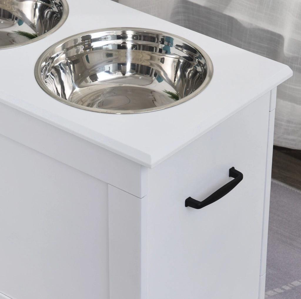 Stazione rialzata per ciotole 60x30x41 cm in MDF bianco con vano portaoggetti