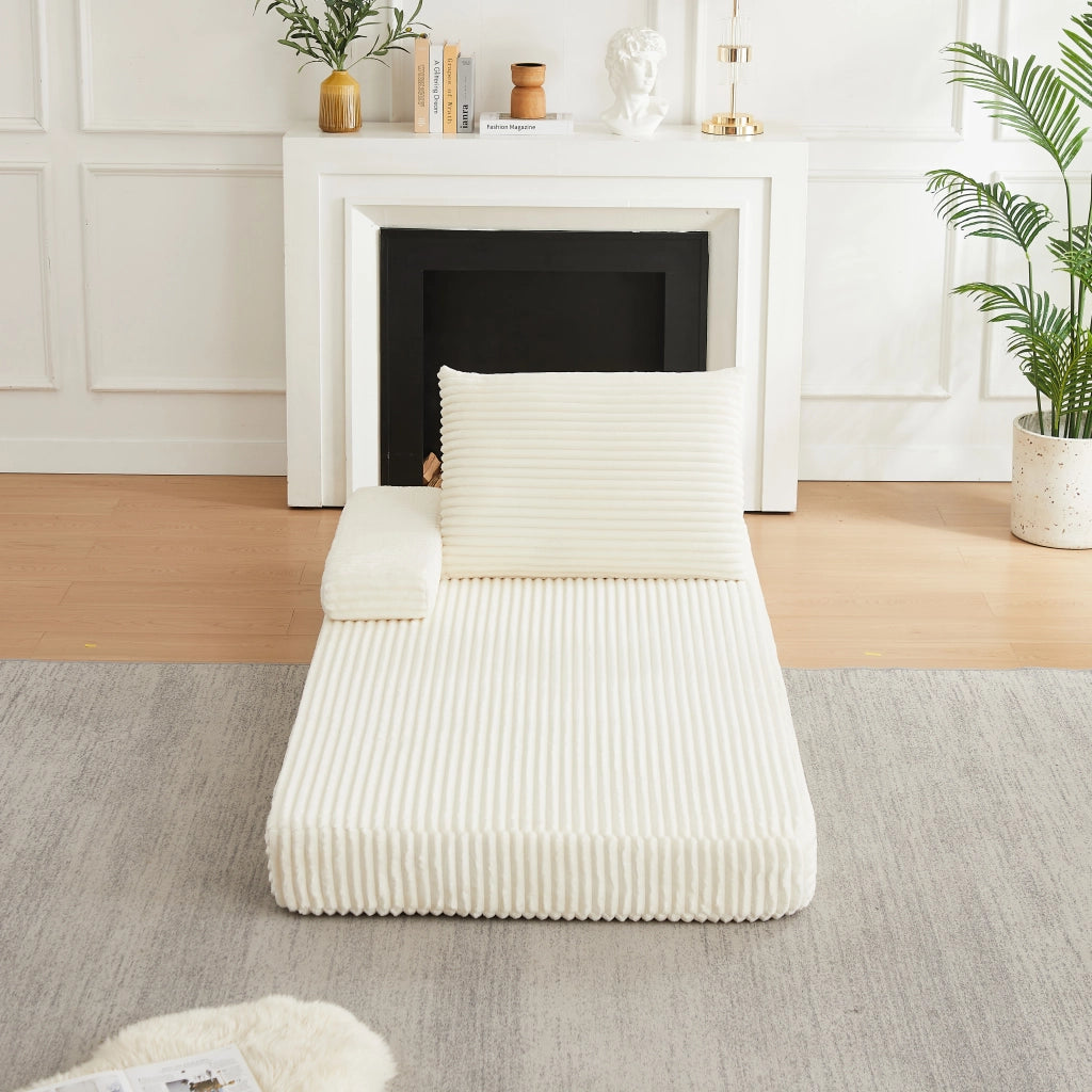 Divano modulare in velluto a coste beige con schienali e braccioli mobili