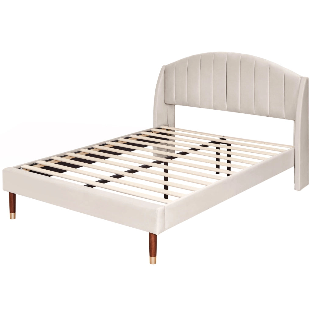 Letto imbottito in velluto beige 140x200 cm con testiera e rete a doghe