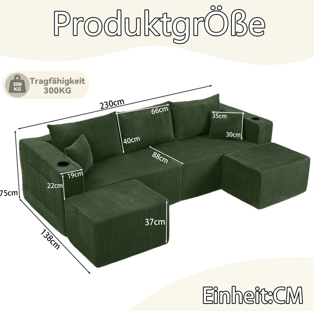 Divano angolare modulare 3 posti con 2 pouf mobili; portabicchieri e tasche laterali; verde