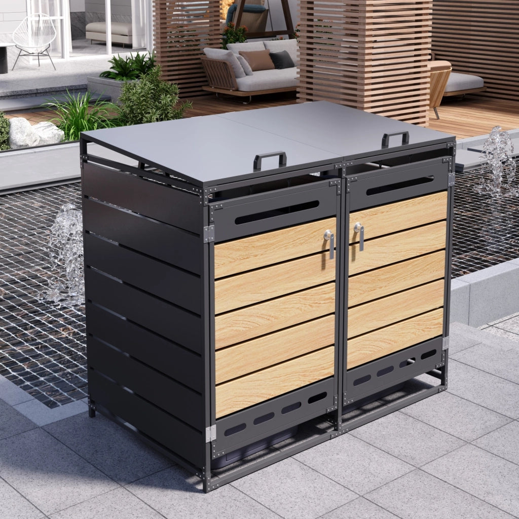 Cassonetto porta bidoni 2 scomparti in ferro con rivestimento effetto legno e coperchio idraulico, chiusura sicura, ventilazione anti odori