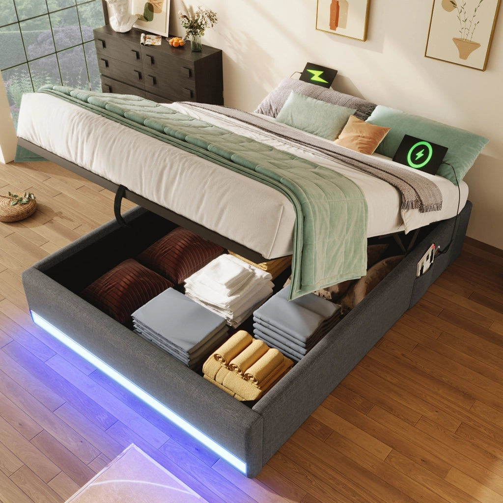 Letto singolo imbottito 90 × 200 cm con contenitore idraulico in lino grigio con LED USB e Type-C