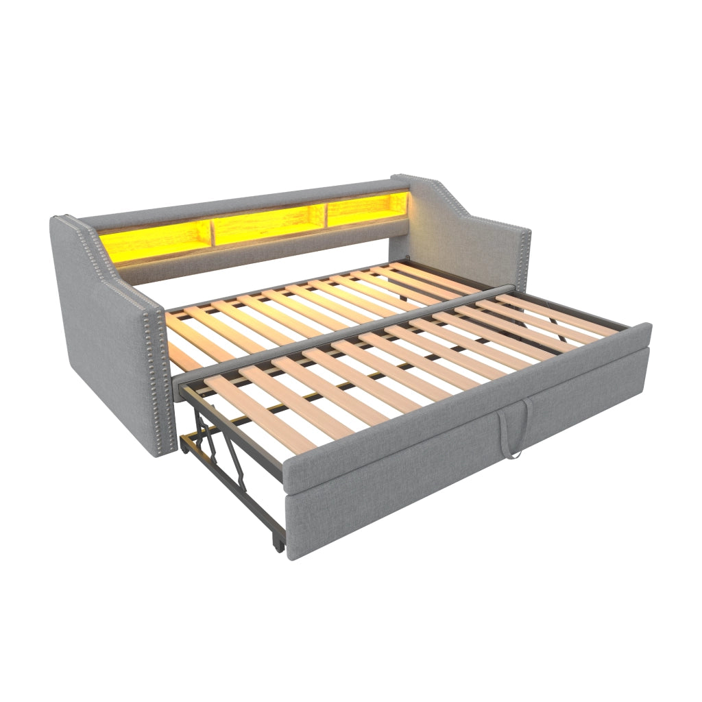 Letto estraibile matrimoniale 90×190 cm e 180×190 cm con LED; USB; ripiani e rete; senza materasso; grigio chiaro