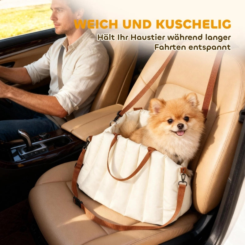 Seggiolino auto per cani con due cinghie regolabili; base antiscivolo e borsa da trasporto color crema